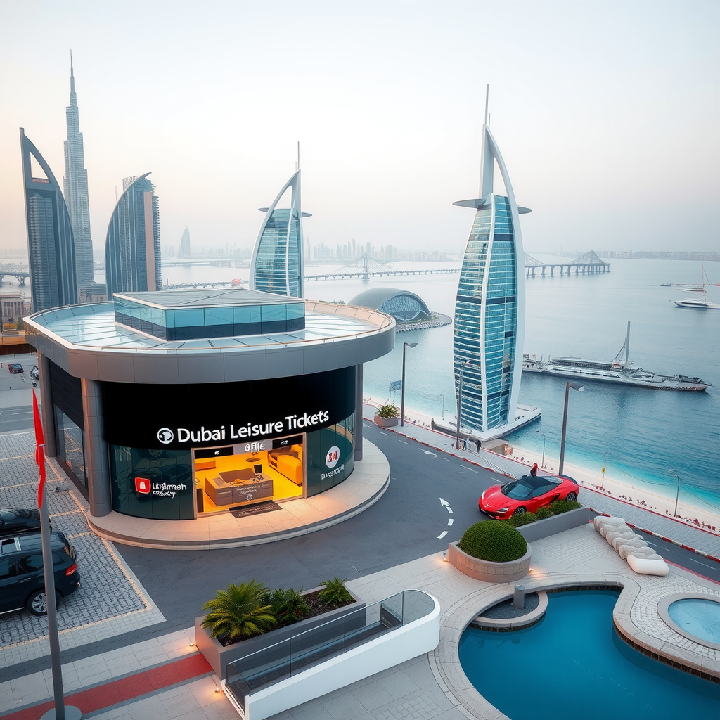 Map showing Dubai Leisure Tickets office location at Jumeirah Beach Road 54, Dubai, UAE, near iconic landmarks including Burj Al Arab and Jumeirah Beach, with clear street markers and surrounding area
