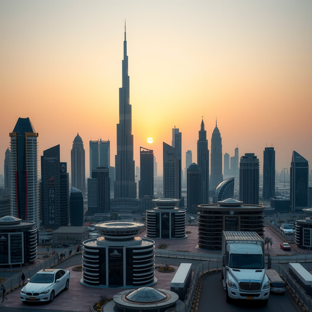 Stunning view of Dubai skyline at sunset featuring the iconic Burj Khalifa tower, modern skyscrapers, and the beautiful cityscape reflecting golden hour light
