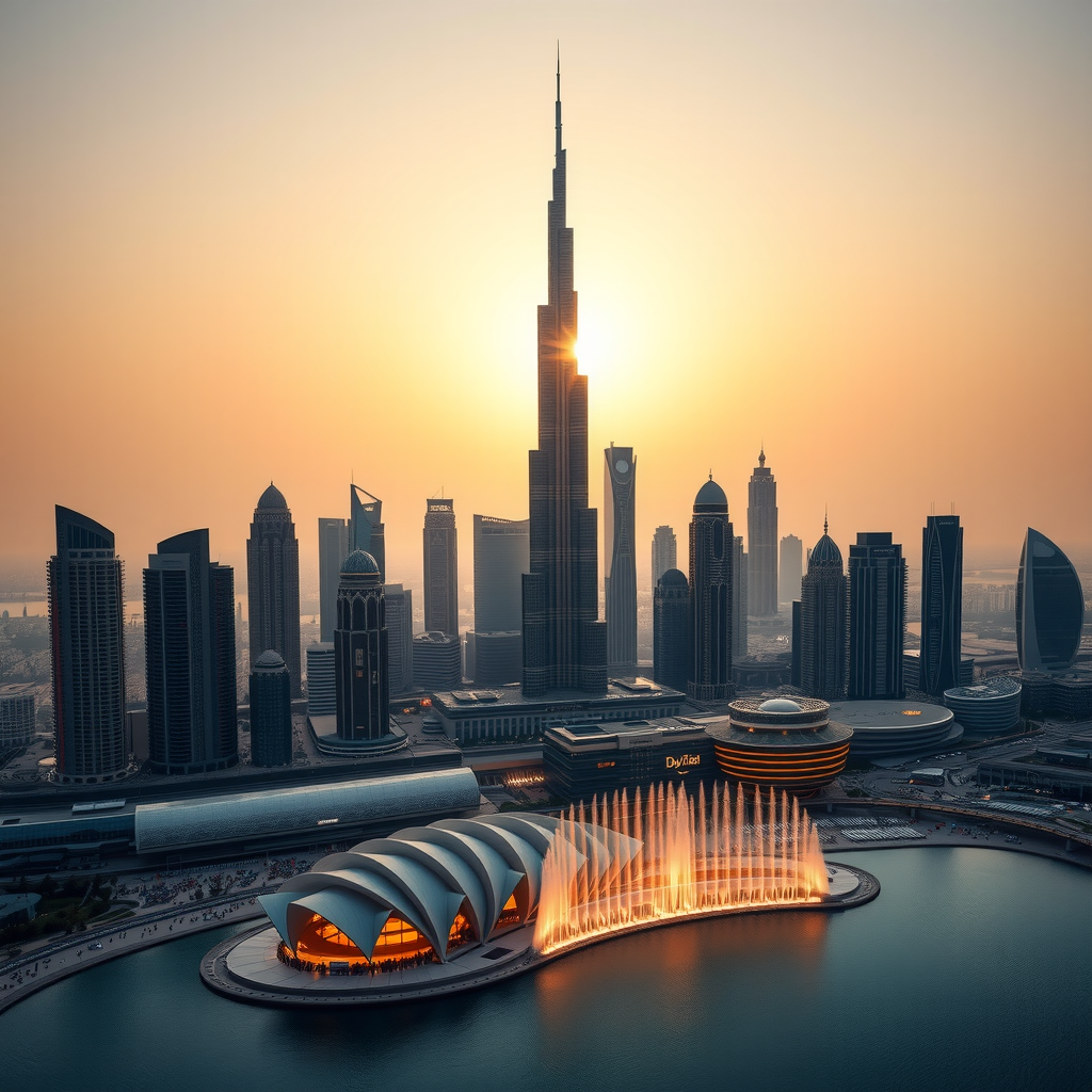 Stunning panoramic view of Dubai skyline at sunset featuring the iconic Burj Khalifa tower illuminated against a golden sky, with modern skyscrapers and the Dubai Fountain visible in the foreground