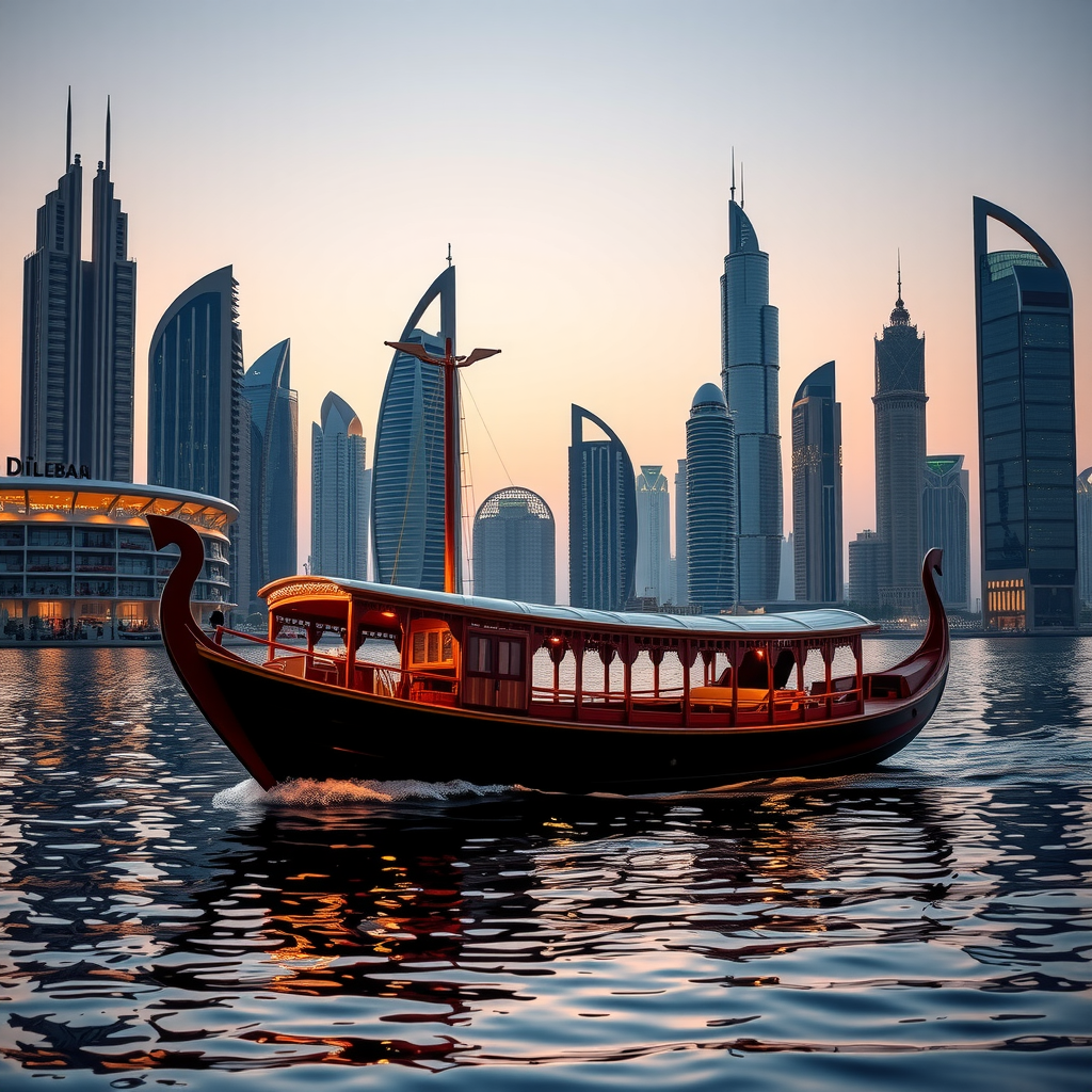 Elegant traditional wooden dhow boat illuminated with warm golden lights sailing on Dubai Creek at sunset, with modern Dubai skyline featuring illuminated skyscrapers in the background, reflecting on calm water