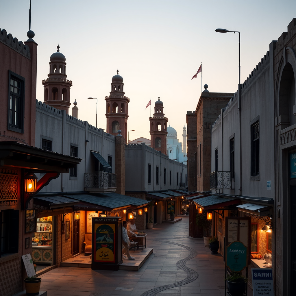 Al Fahidi Historical District at dusk showing traditional Arabian architecture with wind towers, narrow pedestrian lanes lined with heritage buildings, and warm ambient lighting from traditional lanterns creating an inviting cultural atmosphere