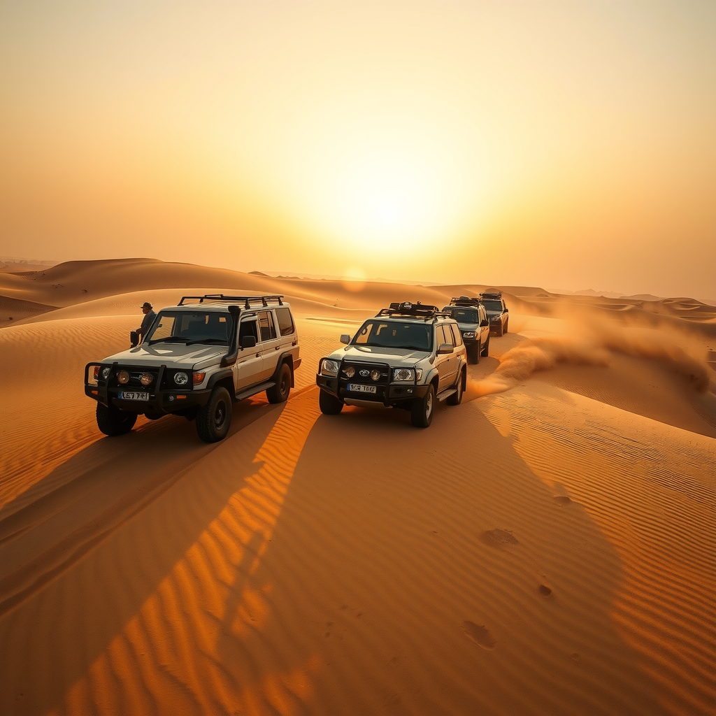Exciting desert safari adventure in Dubai featuring 4x4 vehicles driving through golden sand dunes at sunset with dramatic shadows and dust trails, traditional Arabian desert landscape