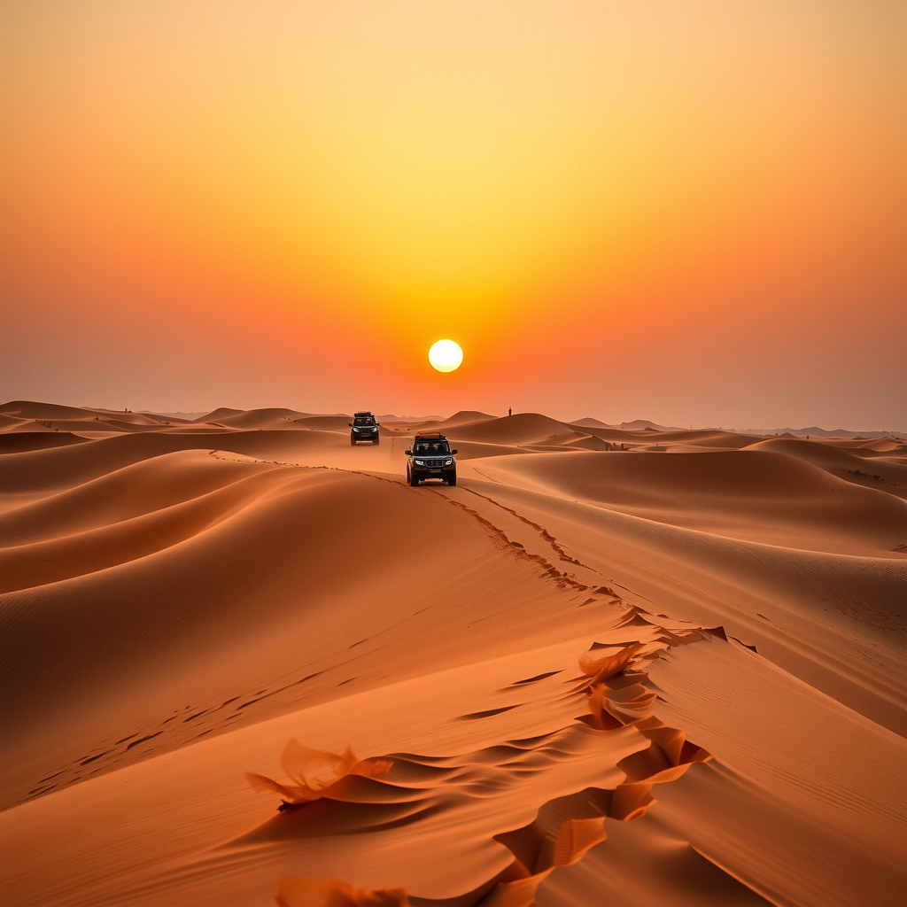 Stunning view of golden sand dunes in Dubai desert during sunset with 4x4 vehicles performing dune bashing adventure, Arabian desert landscape with dramatic orange and red sky