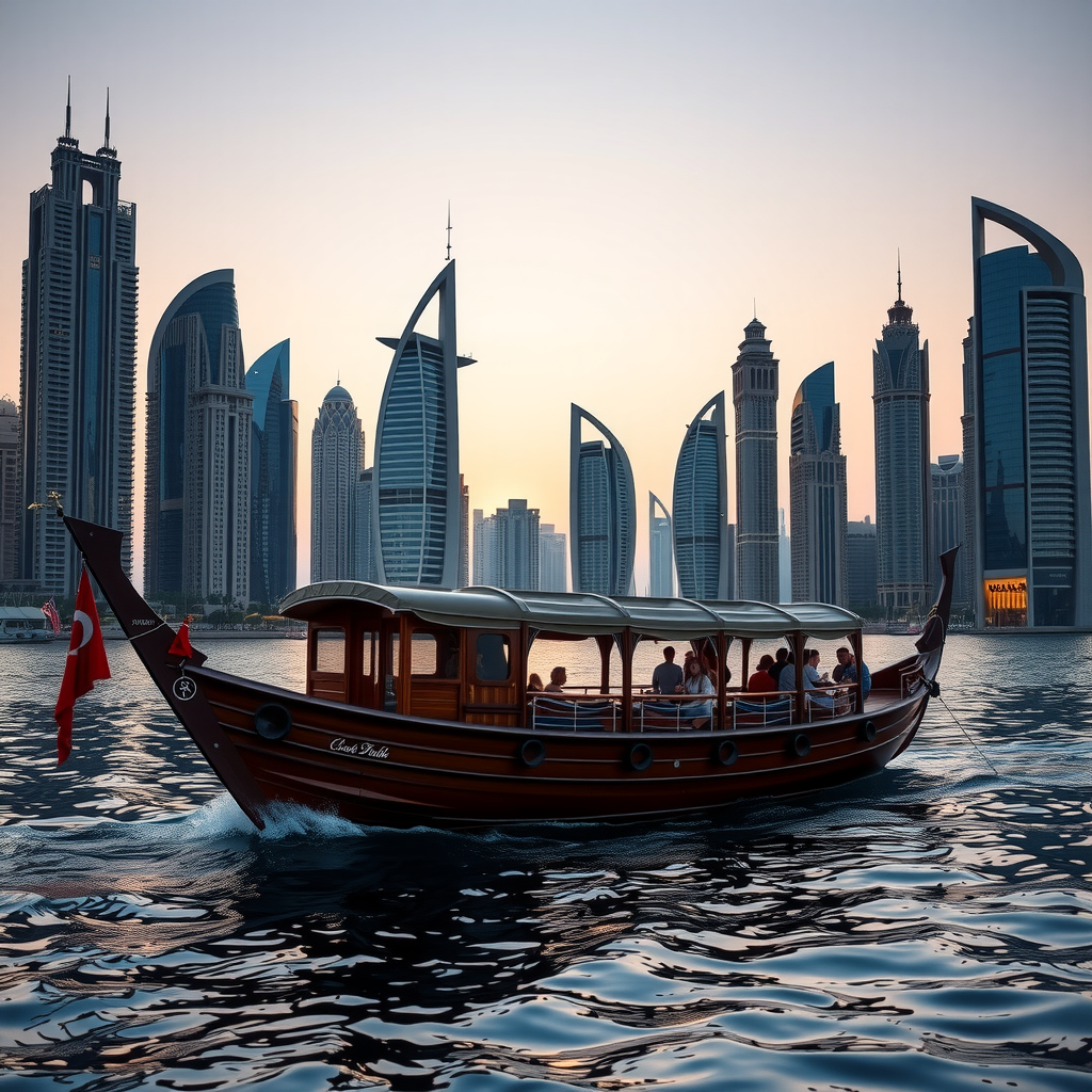 Traditional wooden dhow boat sailing along Dubai Marina at sunset with illuminated skyscrapers reflecting in the water and tourists enjoying the cruise on the open deck