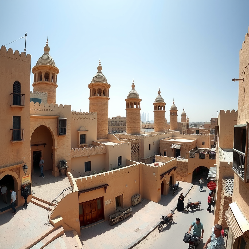 Panoramic view of Al Fahidi Historical District in Dubai showing traditional wind tower architecture, narrow alleyways with sand-colored buildings, and tourists exploring the heritage area under clear blue skies