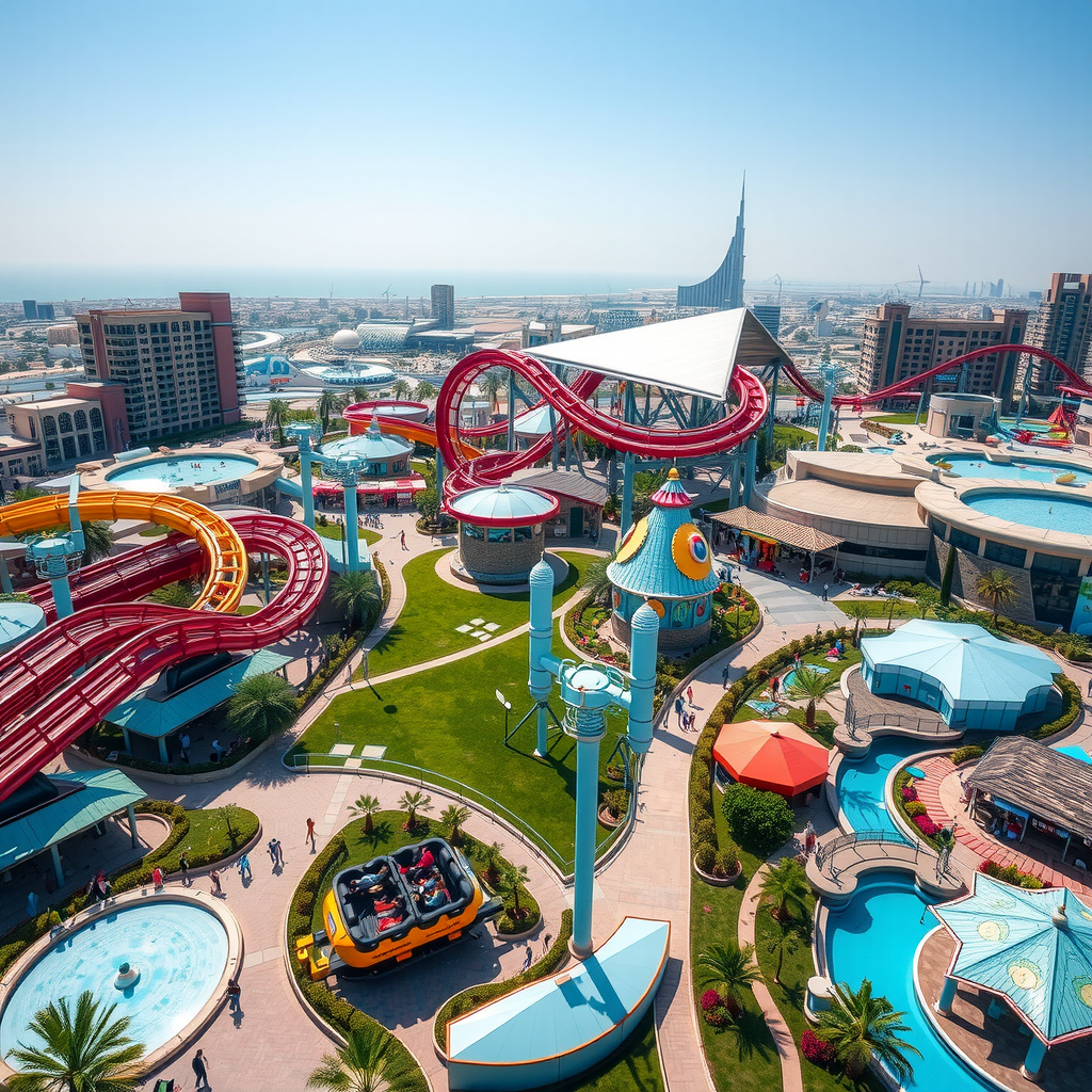 Aerial view of Dubai's premier theme parks featuring colorful roller coasters, themed zones, and entertainment attractions with families enjoying rides under clear blue skies
