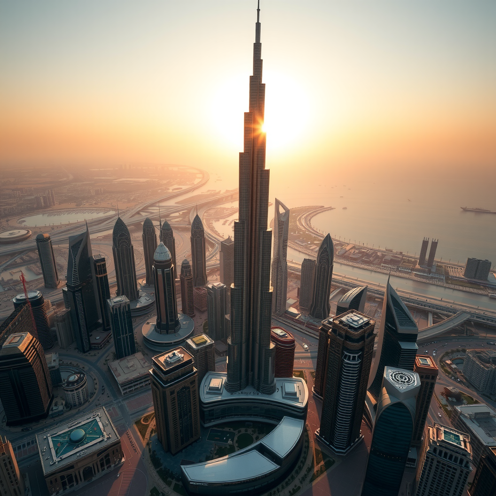 Stunning view of Burj Khalifa, the world's tallest building, towering over Dubai's skyline during golden hour with the city sprawling below and the Arabian Gulf visible in the distance