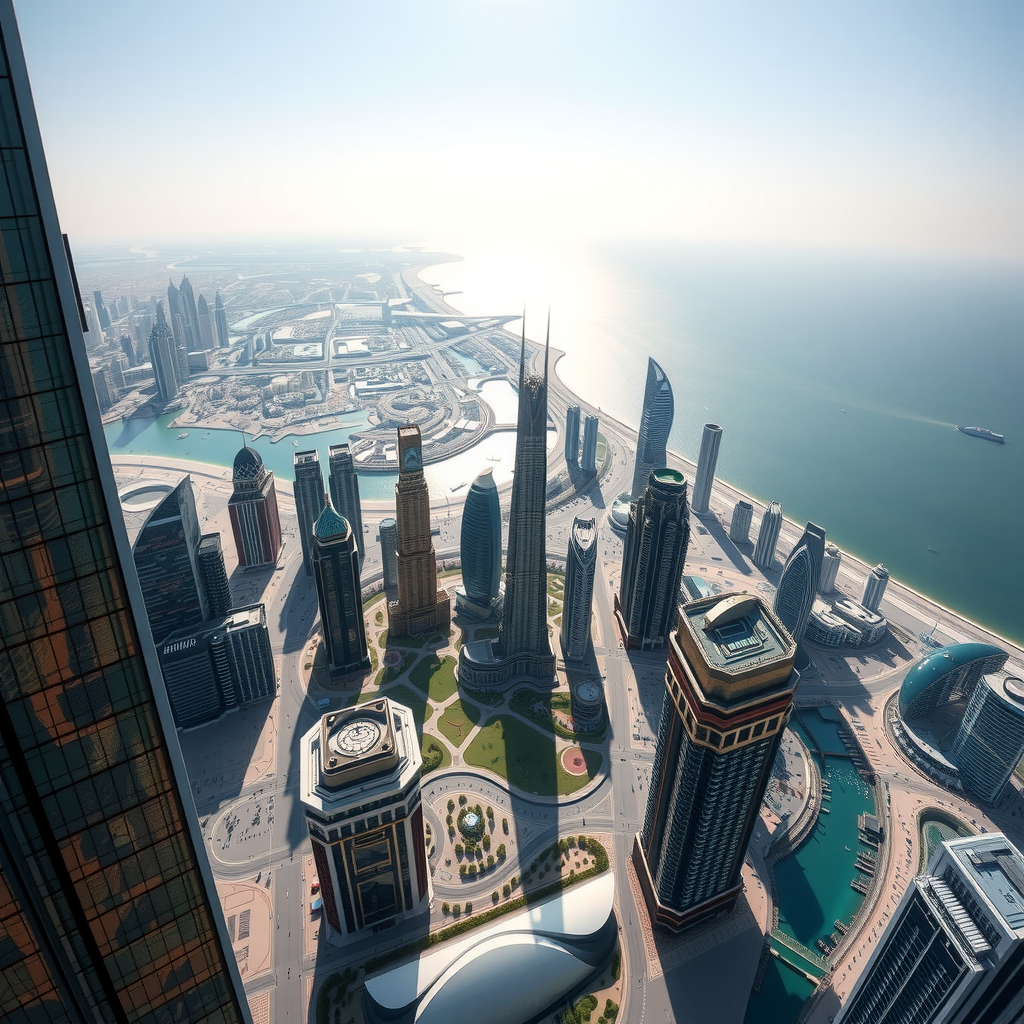 Breathtaking panoramic view from Burj Khalifa observation deck showing Dubai cityscape, modern architecture, and the Arabian Gulf stretching to the horizon