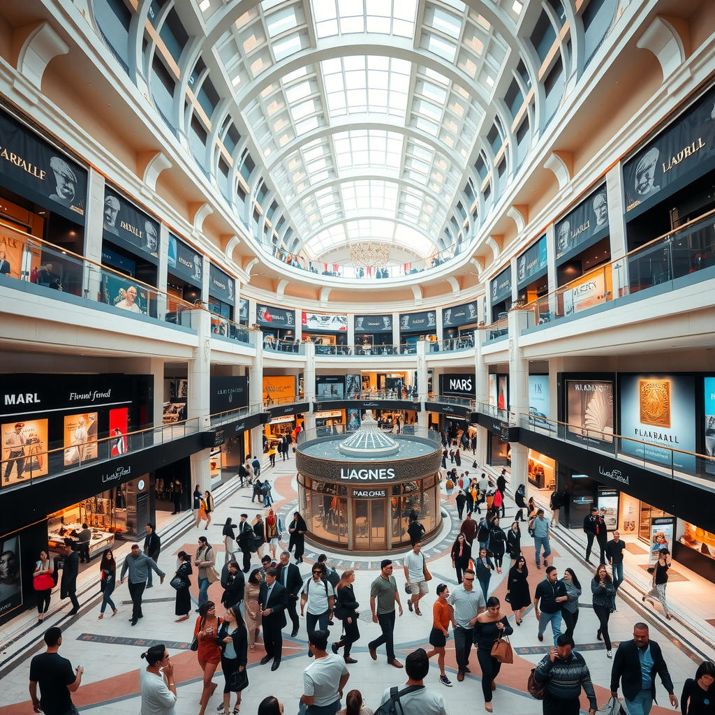 Bustling interior of Dubai Mall showing multiple levels of luxury retail stores, elegant architecture with high ceilings, and diverse crowds of international shoppers exploring the world's largest shopping destination