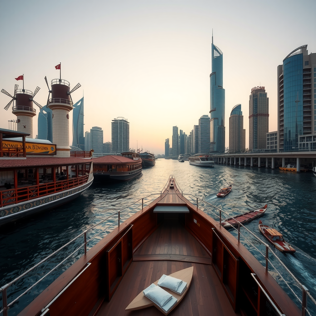 Panoramic view from dhow cruise deck showing Dubai Creek with traditional wind towers and heritage buildings on one side and modern glass towers on the other side, captured during golden hour with warm ambient lighting