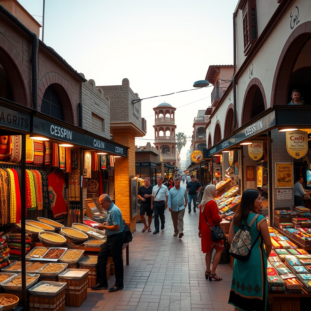 Traditional Dubai souk in the evening with vendors displaying colorful textiles, spices, and handicrafts under warm lighting, tourists browsing through authentic Arabian merchandise and traditional goods
