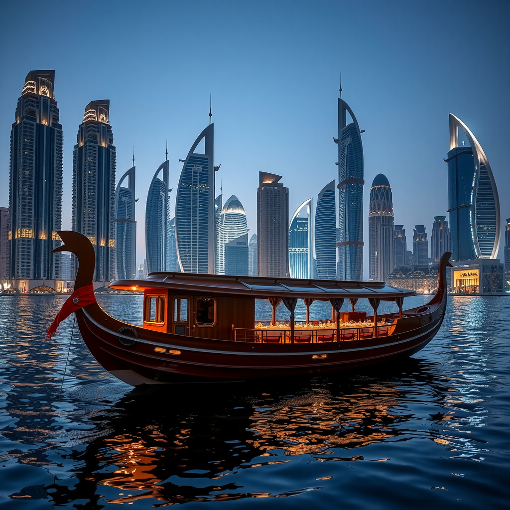 Luxury traditional wooden dhow boat sailing on Dubai Marina at night with illuminated skyscrapers reflecting on calm water, elegant dining setup on deck with ambient lighting