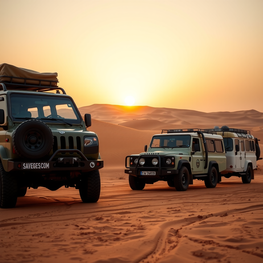Morning desert safari with sunrise over golden dunes, 4x4 vehicles ready for adventure in early morning light
