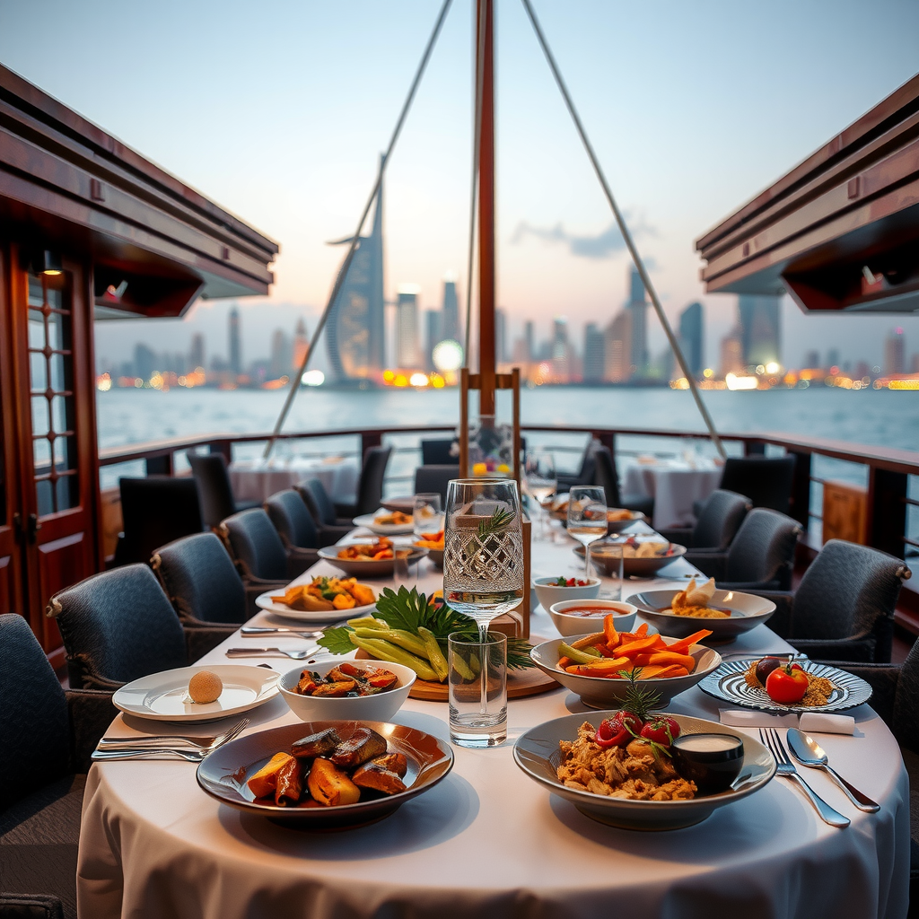 Elegant dinner table setup on dhow cruise deck with international buffet spread featuring Arabic and international cuisine with Dubai's illuminated skyline visible through windows