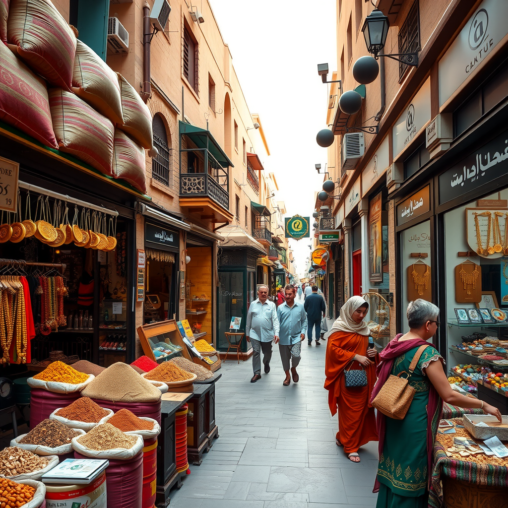 Vibrant traditional Dubai souk marketplace with colorful spices displayed in large sacks, golden jewelry hanging in shop windows, merchants in traditional dress, and tourists browsing through the bustling narrow corridors