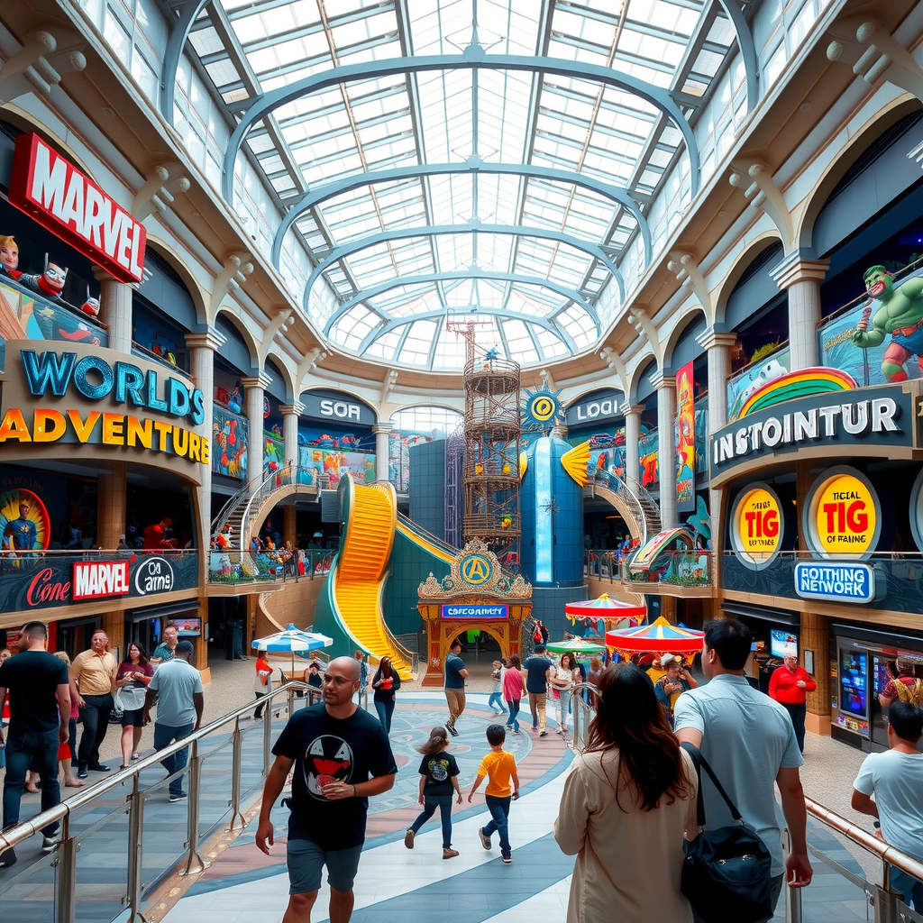 Interior of IMG Worlds of Adventure showing massive indoor theme park with Marvel superhero themed rides, Cartoon Network zones, and families exploring various attractions