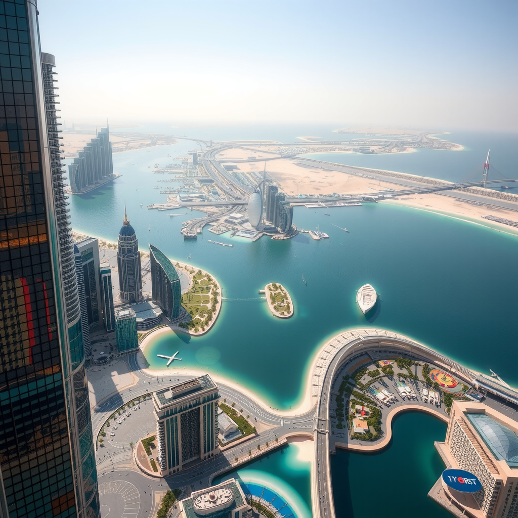 Panoramic view from Burj Khalifa observation deck showing Dubai's modern skyline, Palm Jumeirah island, pristine beaches along the Arabian Gulf coastline, and the desert landscape stretching to the horizon