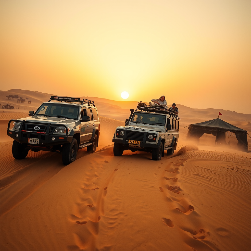 Exciting desert safari scene with 4x4 vehicles driving through golden sand dunes at sunset, traditional Bedouin camp in background, and adventurous atmosphere