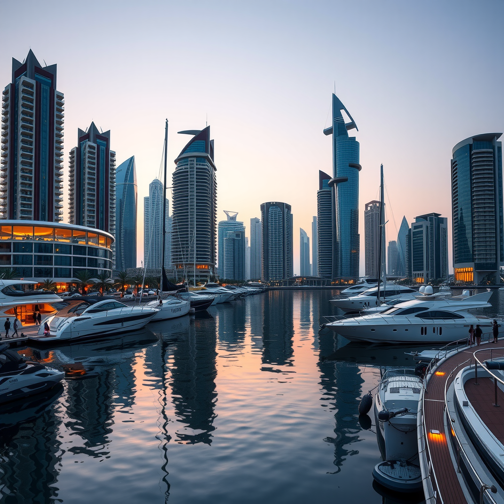Scenic view of Dubai Marina waterfront at dusk showing luxury yachts moored along the promenade, modern residential towers reflecting in calm waters, and pedestrians enjoying the vibrant atmosphere along the walkway