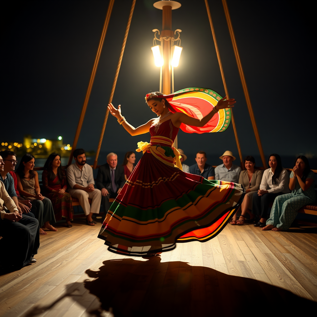 Traditional Tanoura dancer in colorful spinning skirt performing on illuminated dhow deck at night, with audience seated around enjoying the cultural show, warm lighting creating intimate atmosphere