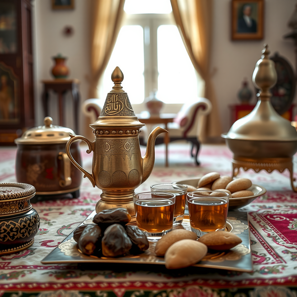 Traditional Arabian coffee ceremony showing ornate dallah coffee pot, small cups arranged on decorative tray, dates, and traditional Arabic sweets in an authentic heritage setting with traditional decor