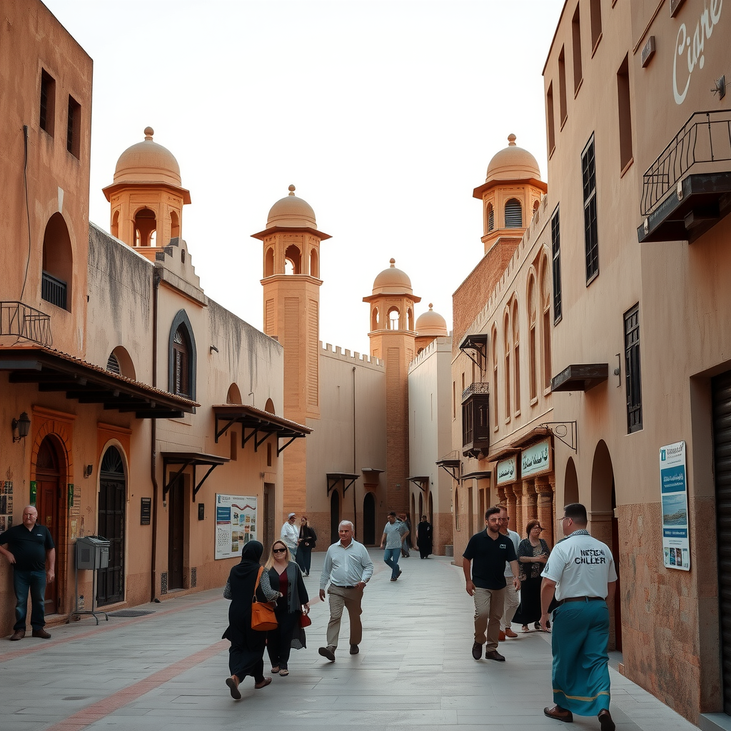 Traditional Al Fahidi Historical District in Dubai with wind towers, narrow alleyways, sand-colored buildings, tourists exploring authentic Arabian architecture and cultural heritage sites