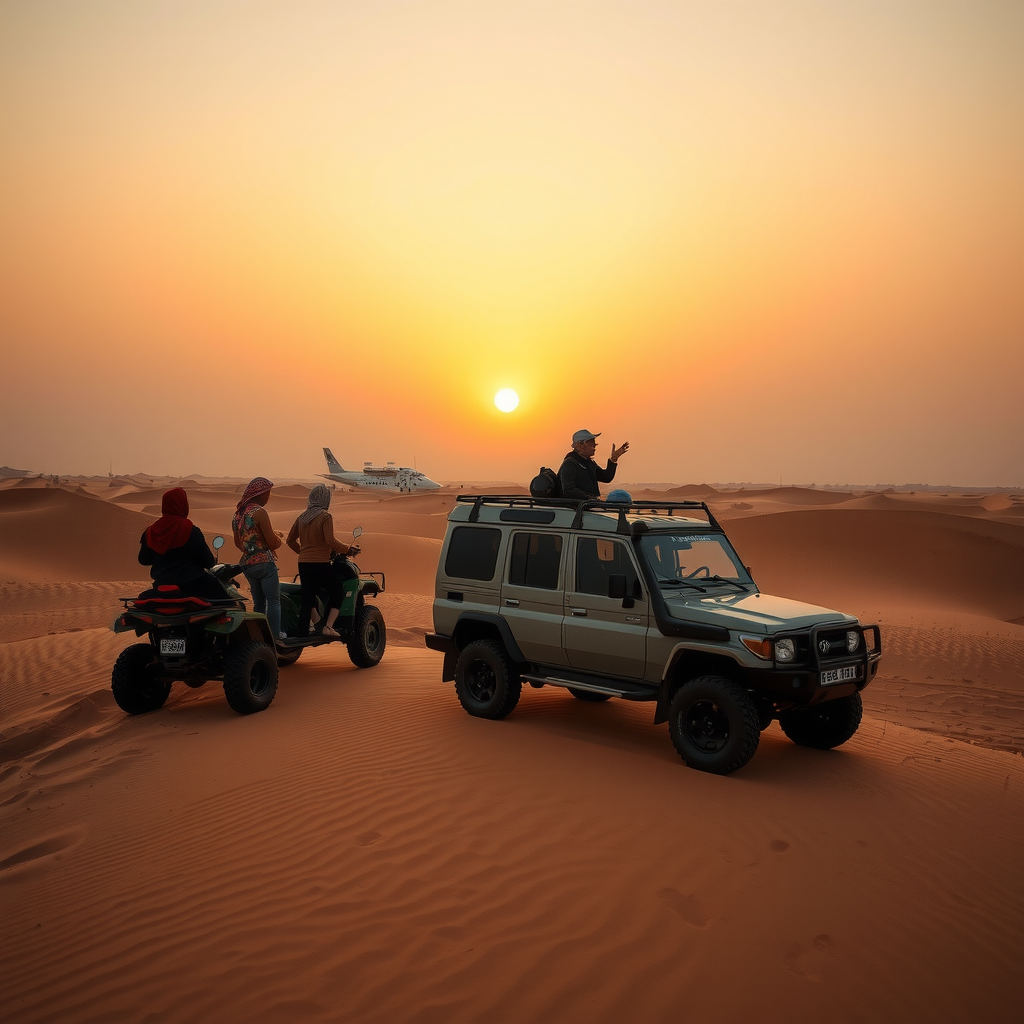 Evening desert safari during golden hour with spectacular sunset, tourists enjoying dune bashing and desert activities