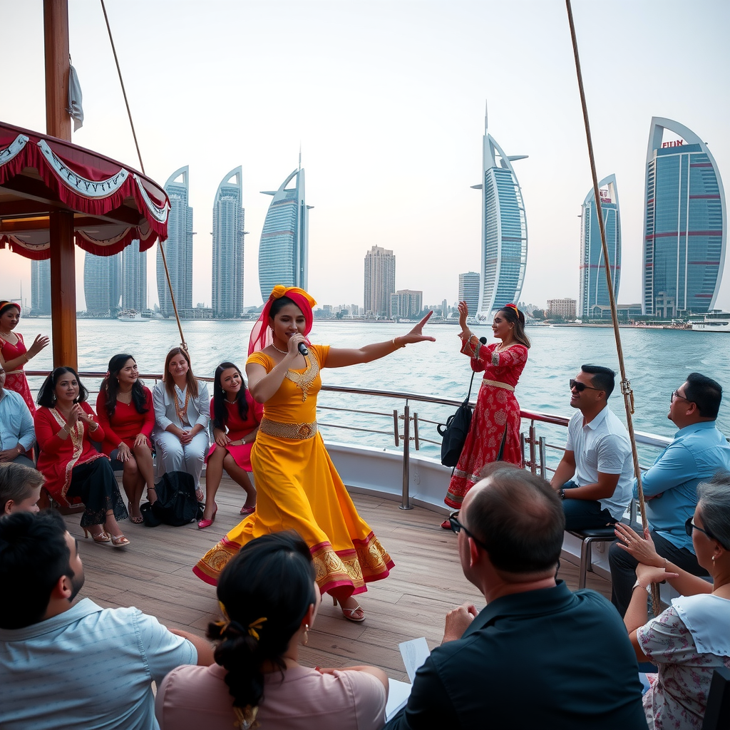 Live entertainment performance on dhow cruise featuring traditional Tanoura dancers in colorful costumes performing for seated guests with Dubai Marina towers in background