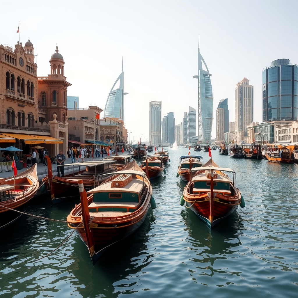 Dubai Creek waterfront showing traditional wooden dhow boats moored along the historic creek, with old merchant buildings on one side and modern skyline in the background, capturing Dubai's transformation from past to present