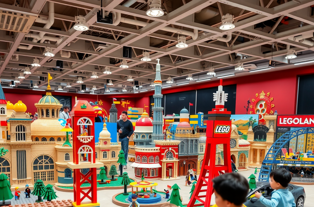 Legoland Dubai featuring intricate Miniland displays with famous landmarks built from Lego bricks, colorful rides, and children building with oversized Lego blocks