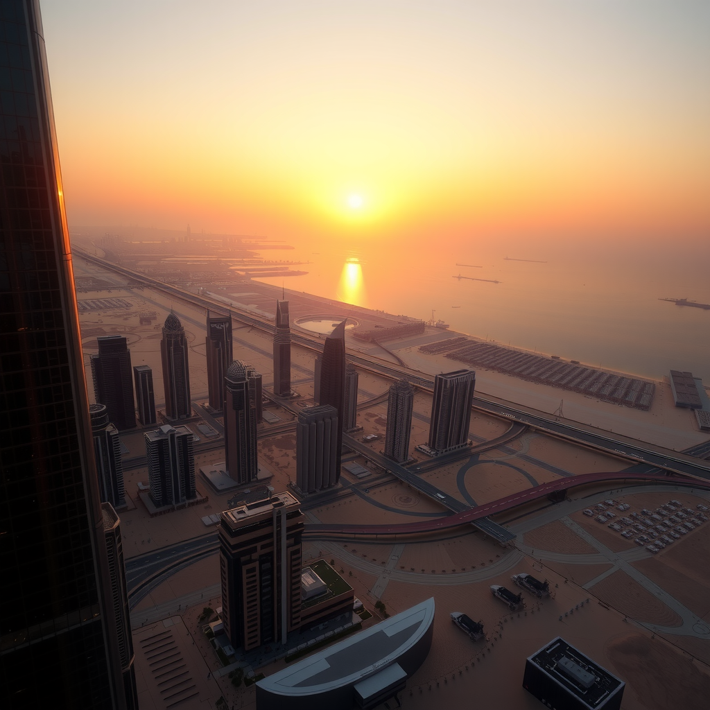Breathtaking sunset view from Burj Khalifa showing the sun setting over Dubai's skyline with golden and orange hues illuminating the city buildings, the Arabian Gulf reflecting the sunset colors, and the desert landscape in warm evening light