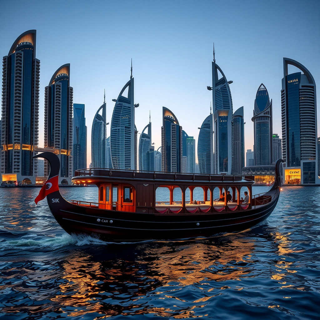 Elegant luxury dhow cruise boat sailing through Dubai Marina at night with illuminated skyscrapers, modern waterfront buildings, and romantic dining setup on deck