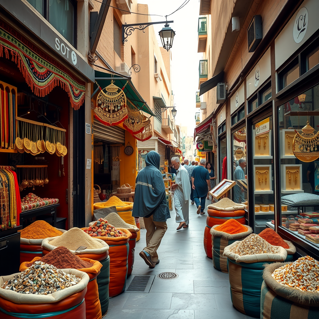 Vibrant scene inside traditional Dubai souks showing colorful displays of spices in large sacks, hanging gold jewelry in shop windows, and tourists browsing through narrow atmospheric alleyways filled with authentic Arabian merchandise