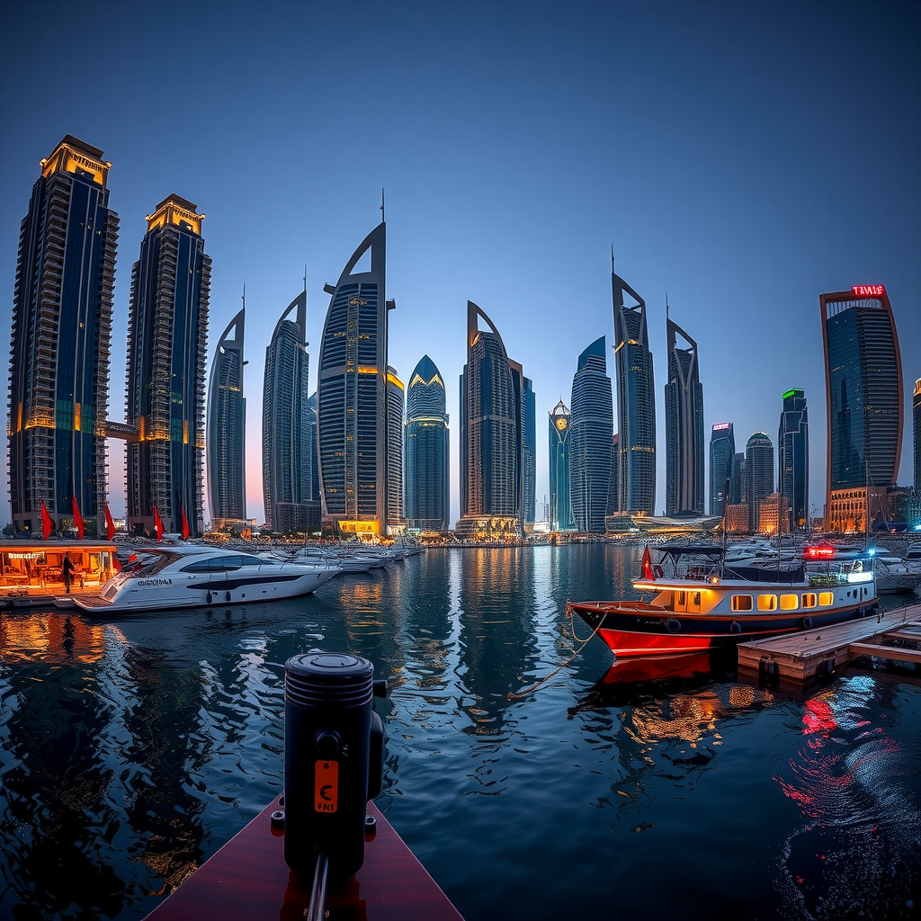 Spectacular night view of Dubai Marina from dhow cruise showing illuminated modern skyscrapers reflected in calm water, luxury yachts moored along the marina, and vibrant waterfront promenade with restaurants and cafes