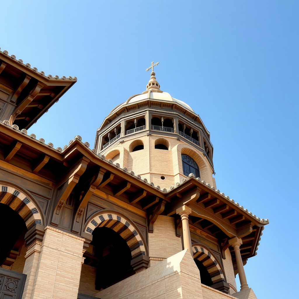 Close-up of traditional wind tower architecture in Al Fahidi showing intricate wooden details, traditional Arabian architectural elements, and the distinctive cooling tower design against clear blue sky