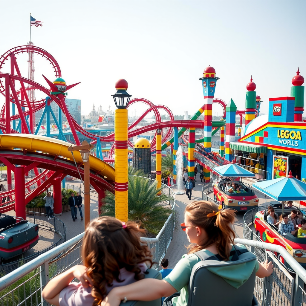 Exciting theme park scene in Dubai with colorful roller coasters, families enjoying attractions, vibrant entertainment zones, IMG Worlds and Legoland structures visible in background