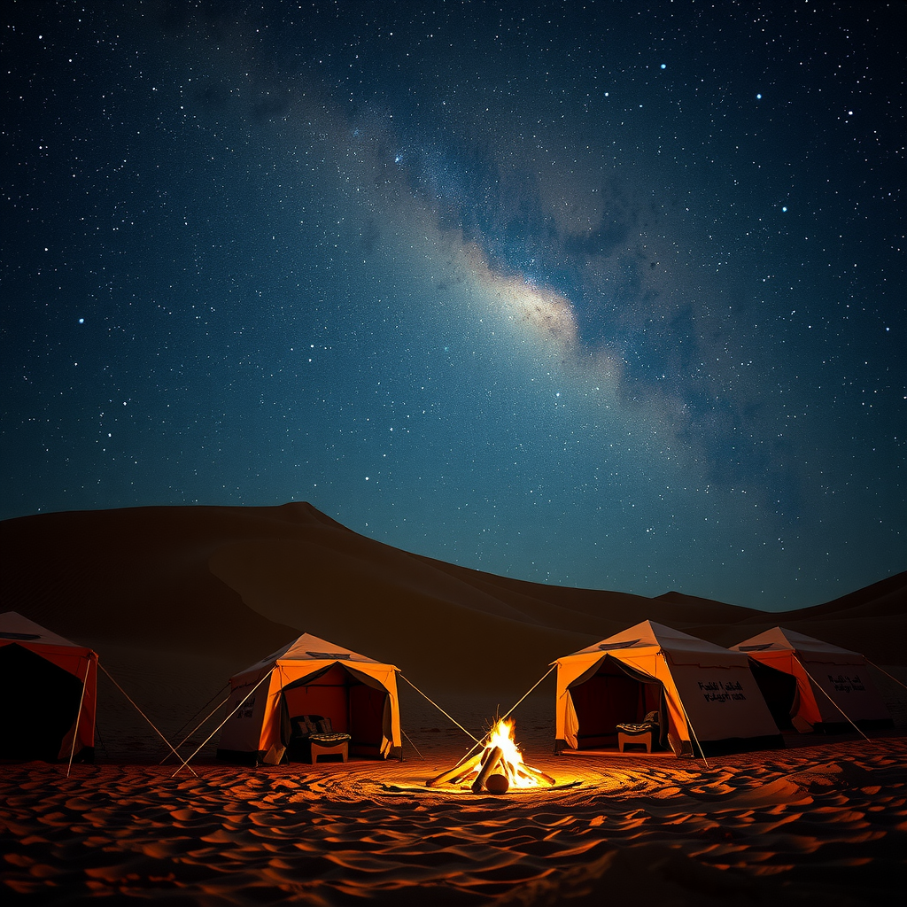Overnight desert camping under starry Arabian night sky with traditional Bedouin tents and campfire