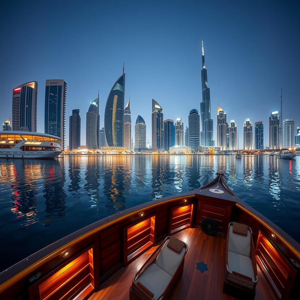 Panoramic view of Dubai Marina's illuminated skyline at night with modern skyscrapers reflecting in calm waters as seen from traditional dhow cruise deck