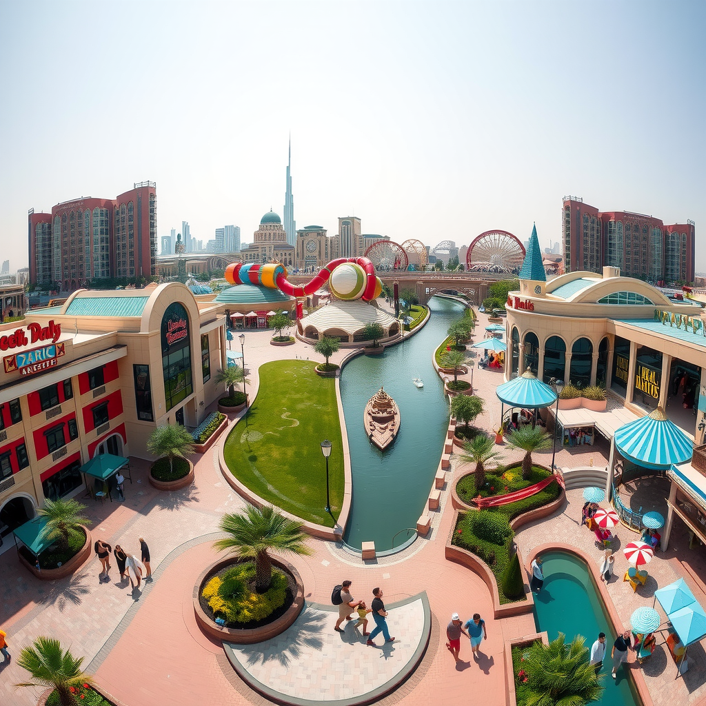 Wide panoramic view of Dubai Parks and Resorts complex showing multiple theme parks, Riverland Dubai entertainment district, and families walking between attractions