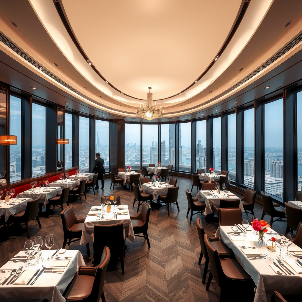 Elegant interior of Atmosphere restaurant on the 122nd floor of Burj Khalifa featuring sophisticated dining tables with white linens, floor-to-ceiling windows showcasing Dubai city views, ambient lighting, and luxurious contemporary decor