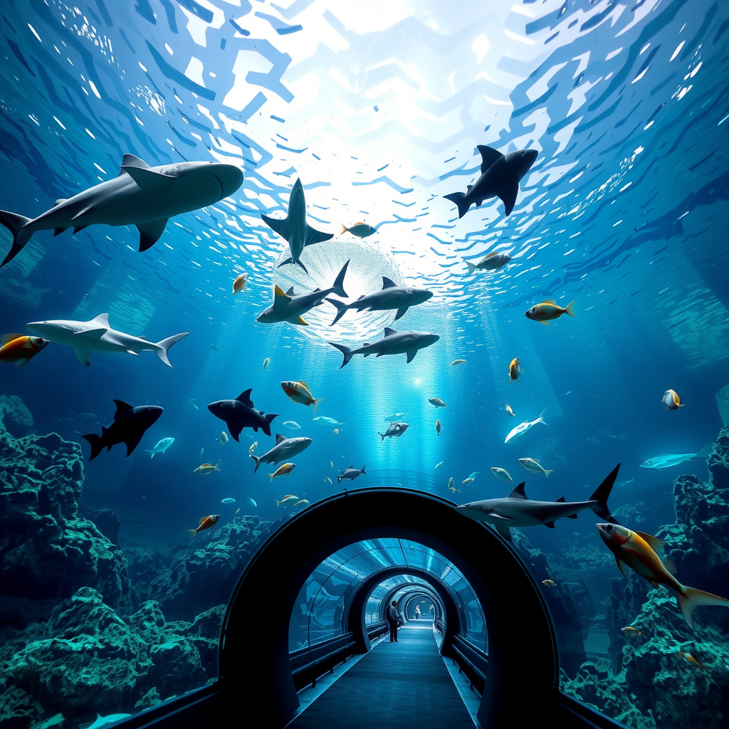 Mesmerizing underwater tunnel view at Dubai Aquarium with diverse marine life including sharks, rays, and colorful fish swimming overhead in crystal clear water