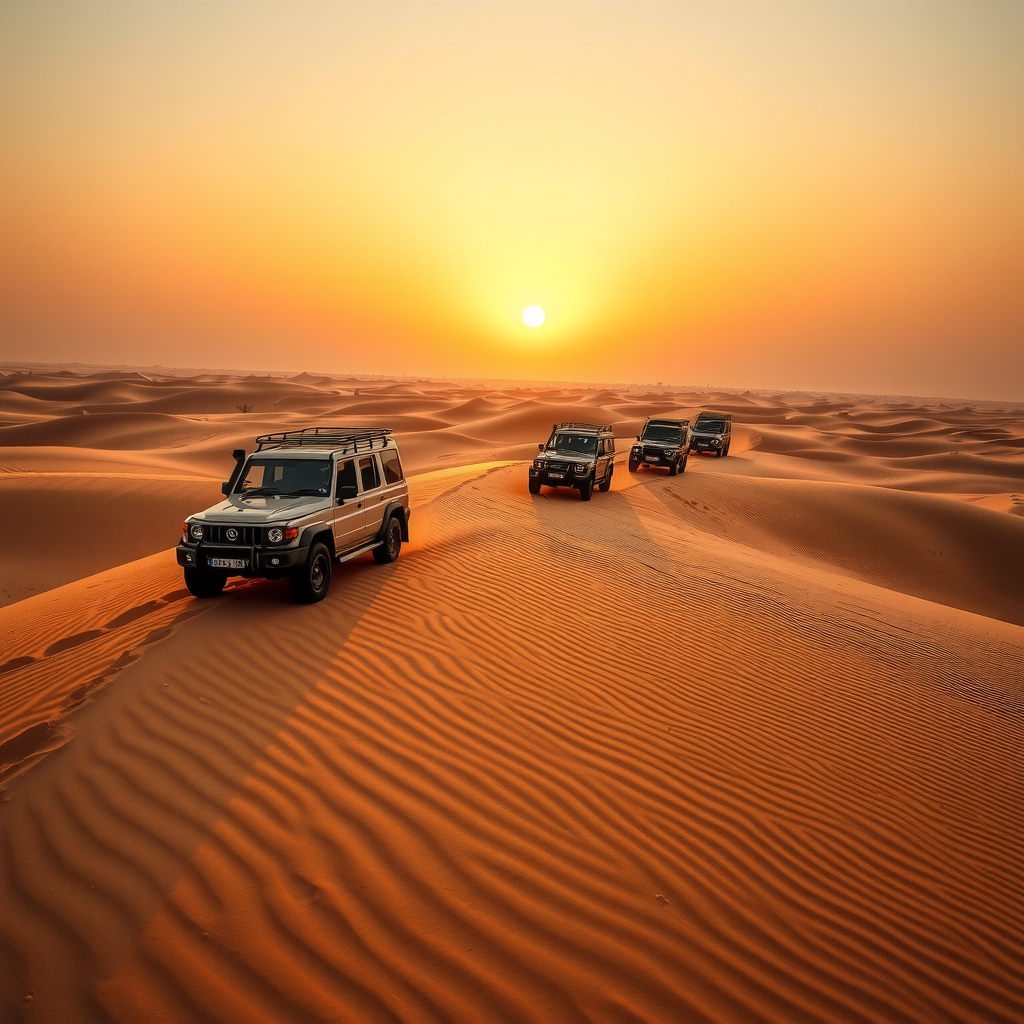 Exciting desert safari scene showing 4x4 vehicles navigating golden sand dunes during sunset, with dramatic shadows cast across the rippled desert landscape and the orange sun setting on the horizon creating a spectacular Arabian desert experience