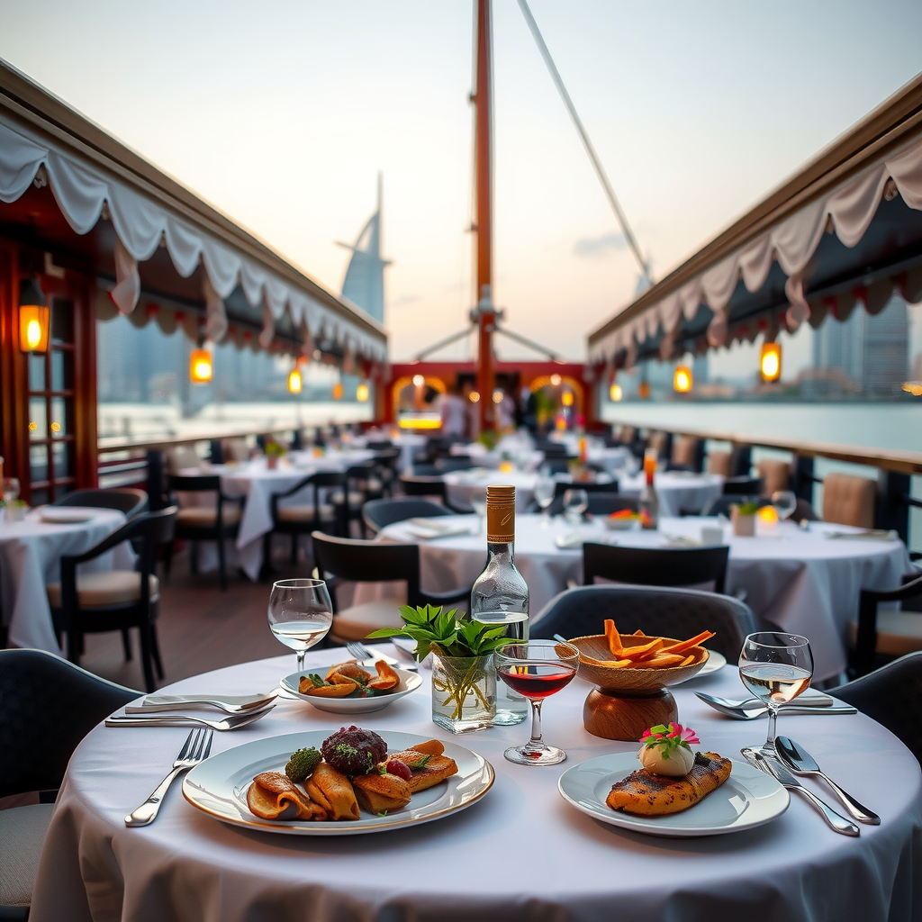 Elegant dining setup on dhow cruise deck with white tablecloths, fine dinnerware, ambient lighting from traditional lanterns, and gourmet food presentation with Dubai skyline visible through windows in background