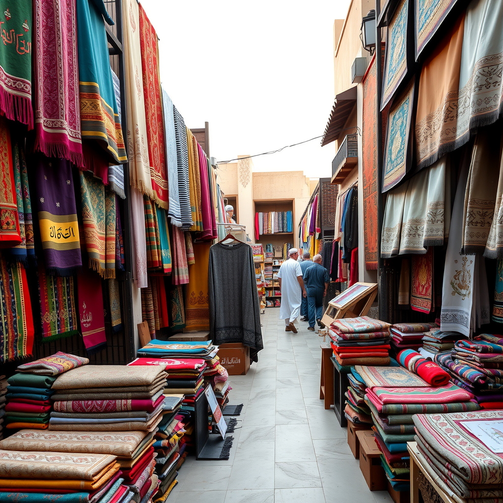 Traditional textile market in Dubai showing colorful fabrics, traditional Arabian textiles, embroidered materials hanging in displays, and vendors arranging merchandise in an authentic souk setting