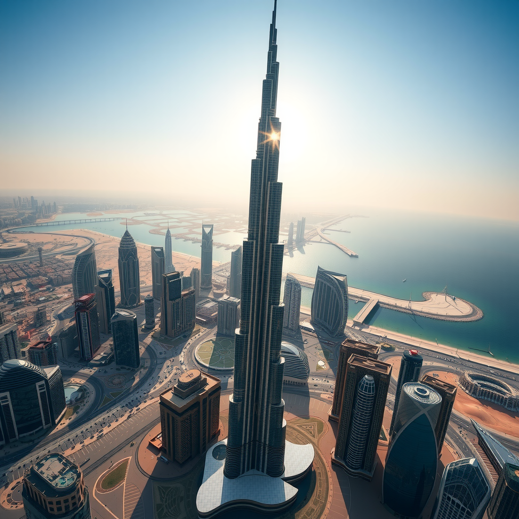 Majestic Burj Khalifa tower reaching into clear blue sky, observation deck view showing panoramic Dubai cityscape, coastline and desert, modern architectural marvel at sunset
