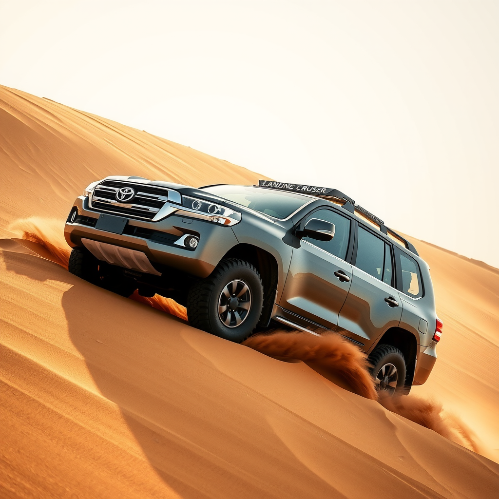 Exciting dune bashing activity with 4x4 Land Cruiser climbing steep sand dunes, action shot showing vehicle at dramatic angle on golden desert sand