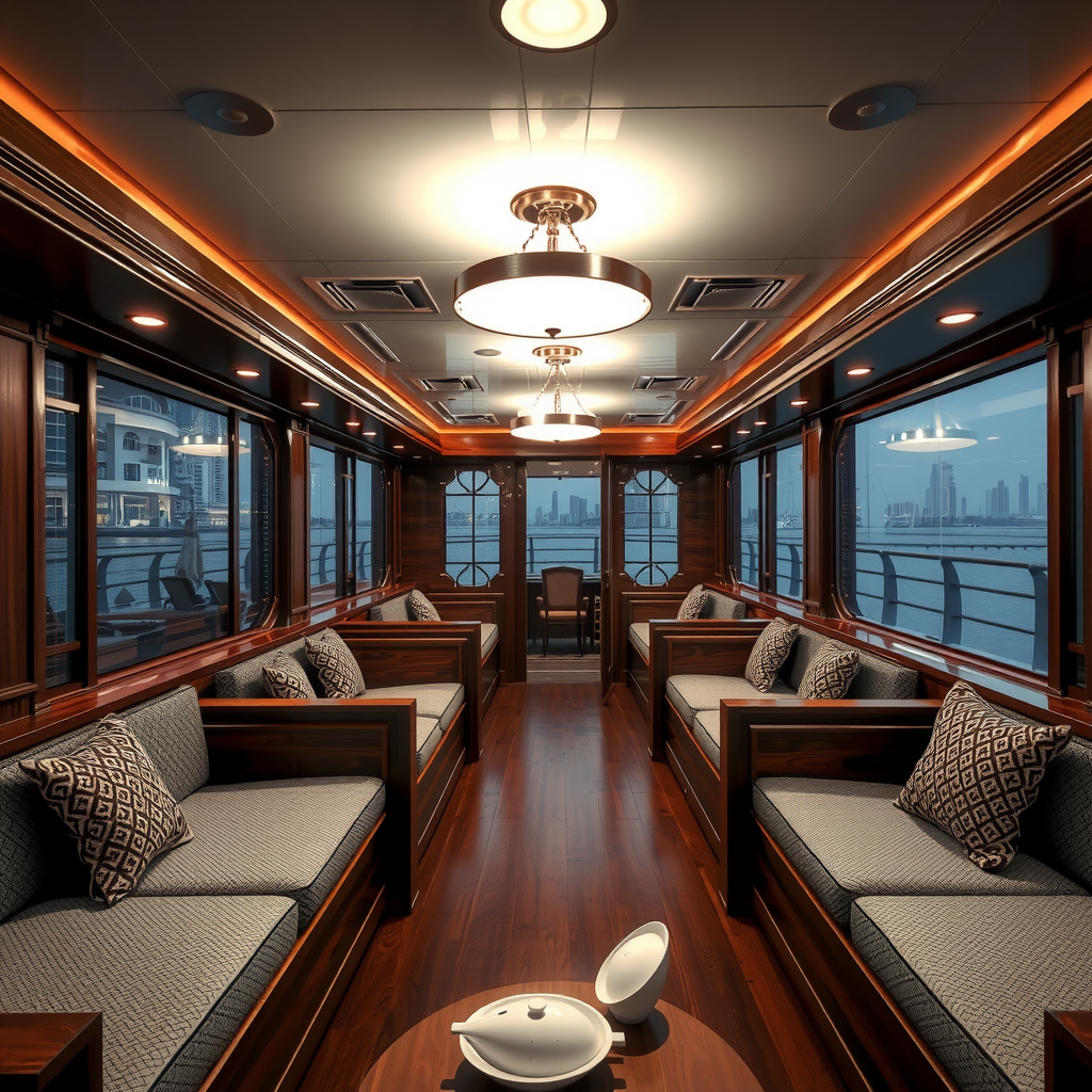 Air conditioned lower deck interior of dhow cruise with comfortable cushioned seating, elegant lighting, and large windows showing Dubai waterfront views