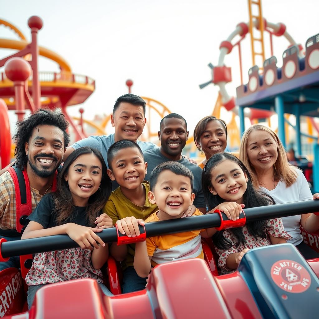 Happy families of diverse backgrounds enjoying various theme park rides including roller coasters, water attractions, and interactive experiences with smiling children and parents