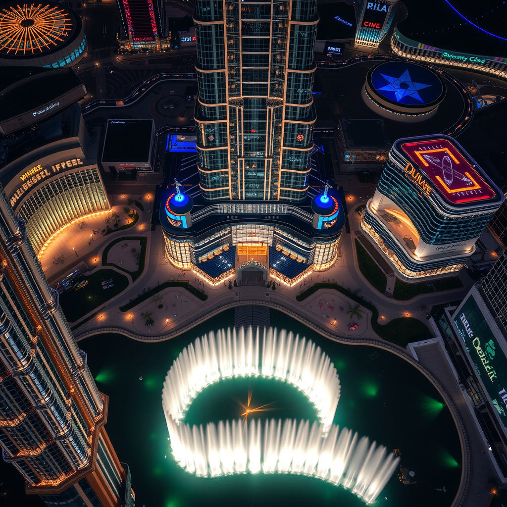 Aerial view from Burj Khalifa showing the Dubai Fountain performing with illuminated water jets creating patterns in front of Dubai Mall, surrounded by the city's modern architecture and lights reflecting on the water at night