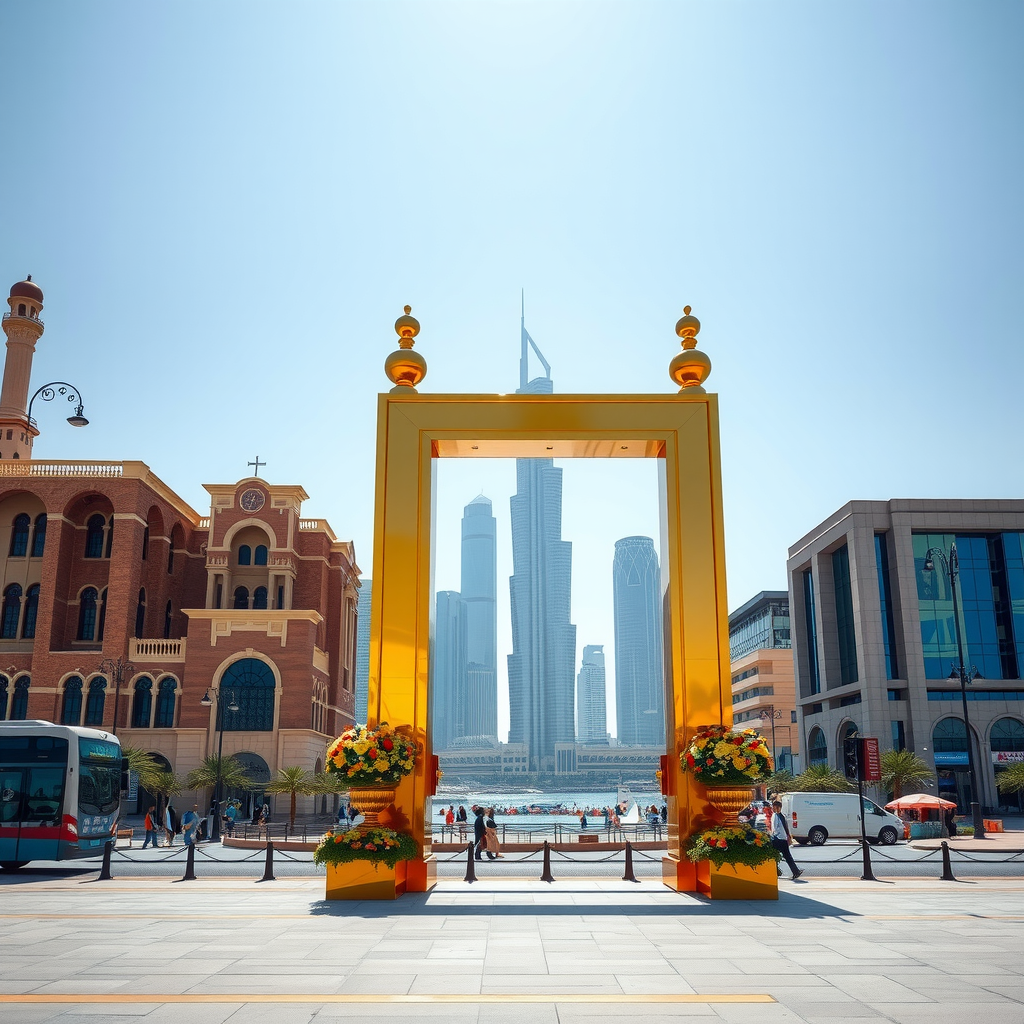 Iconic Dubai Frame golden structure framing views of old and new Dubai, architectural marvel standing tall against blue sky with modern city skyline visible through the frame